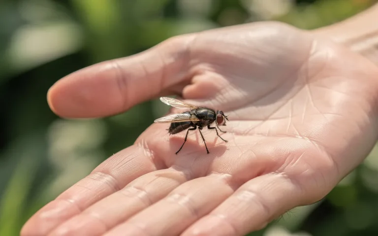 Une mouche soldat noire posée sur une main ouverte devant un jardin verdoyant flou.