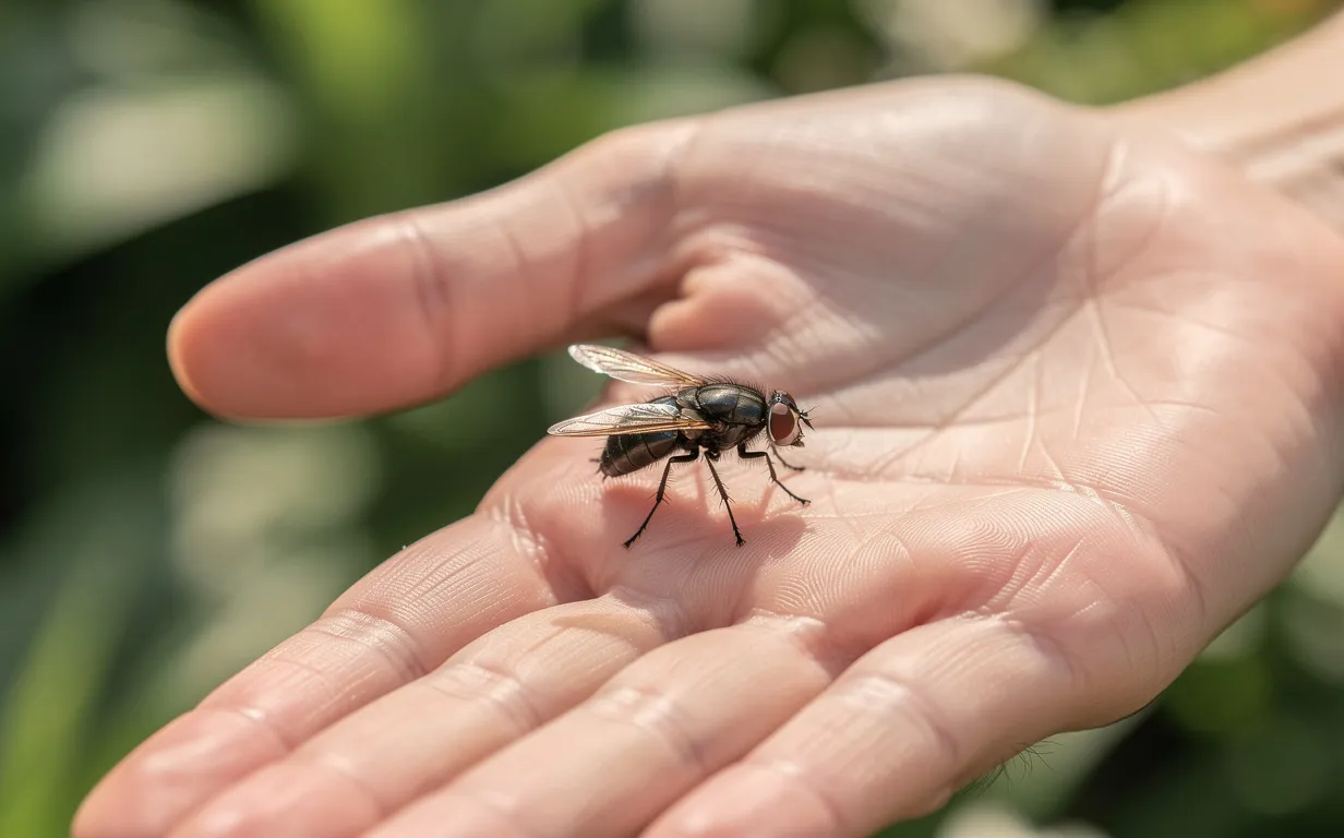 Une mouche soldat noire posée sur une main ouverte devant un jardin verdoyant flou.