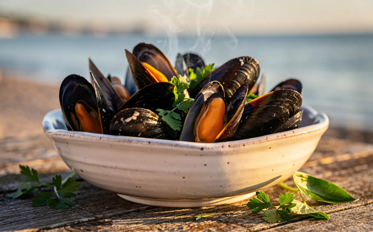 Des moules de bouchot fumantes dans un bol en céramique sur une table en bois en bord de mer, décorées de persil et baignées de lumière dorée.