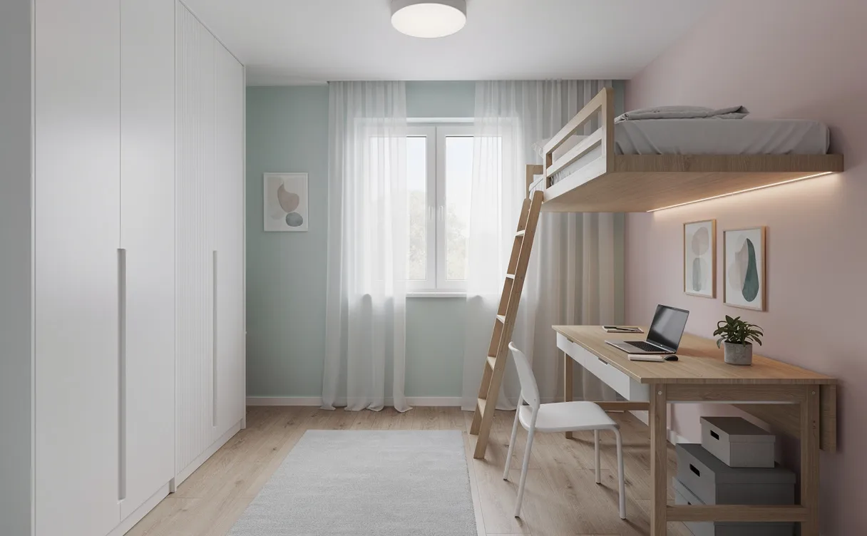 Chambre de 6 mètres carrés organisée avec un lit mezzanine, une armoire intégrée et un bureau pliant, éclairée par une lumière naturelle douce et décor minimaliste.