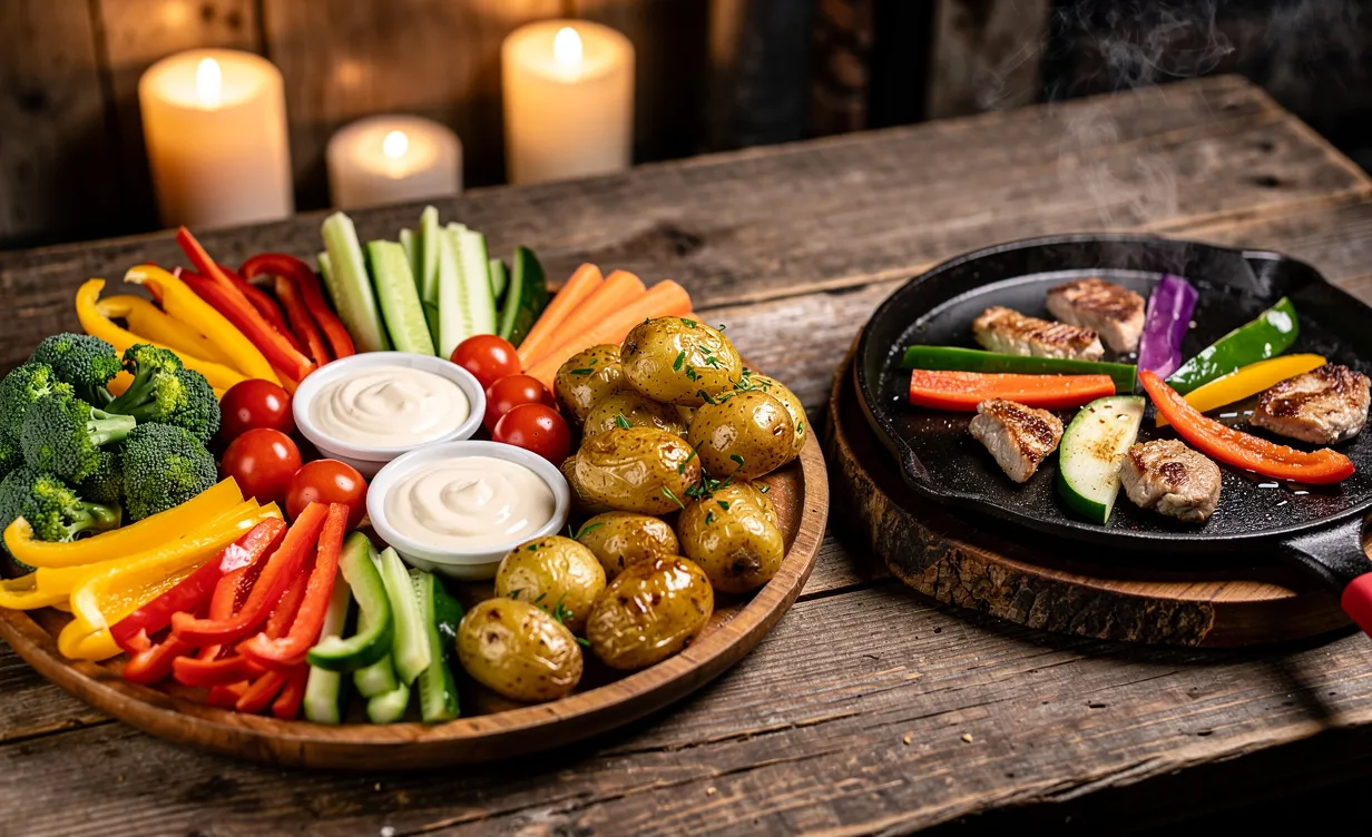 Plat composé de légumes colorés, sauces, pommes de terre dorées et pierrade sur une table en bois, sous un éclairage chaleureux.