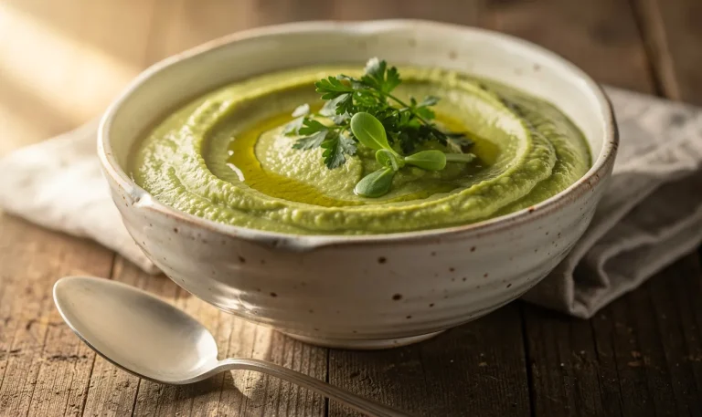 Un bol en céramique contenant une purée de pois cassés crémeuse, décorée d’herbes fraîches et d’un filet d’huile d’olive, posé sur une table en bois à la lumière du jour.