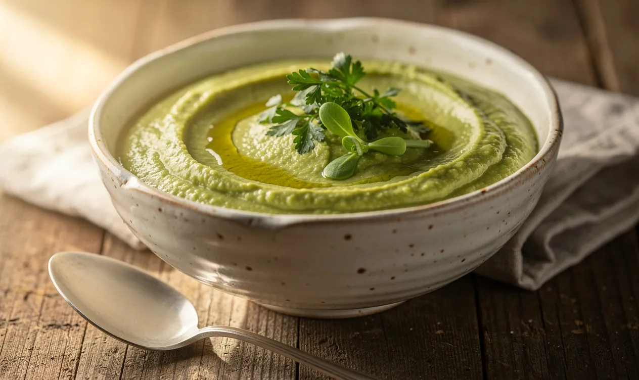 Un bol en céramique contenant une purée de pois cassés crémeuse, décorée d’herbes fraîches et d’un filet d’huile d’olive, posé sur une table en bois à la lumière du jour.