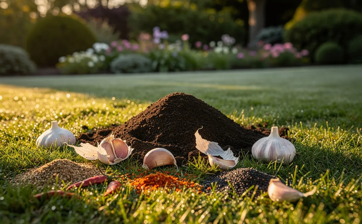 Un jardin verdoyant au petit matin avec une taupinière au premier plan et des répulsifs naturels épars autour.