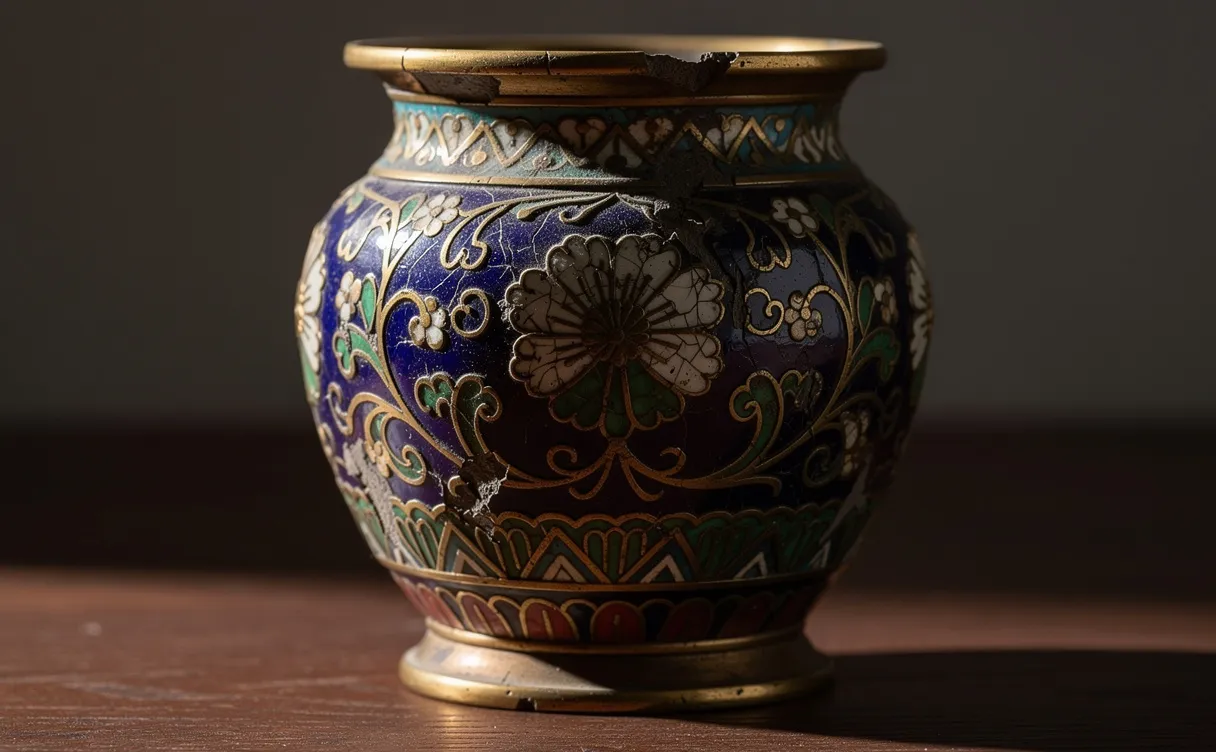 Gros plan sur un vase cloisonné ancien aux motifs émaillés détaillés, marqué par de fines craquelures et une patine discrète, éclairé d'une lumière chaude.